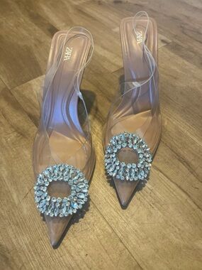 Zara Nude Clear Slingback Heels with Crystal Rosette